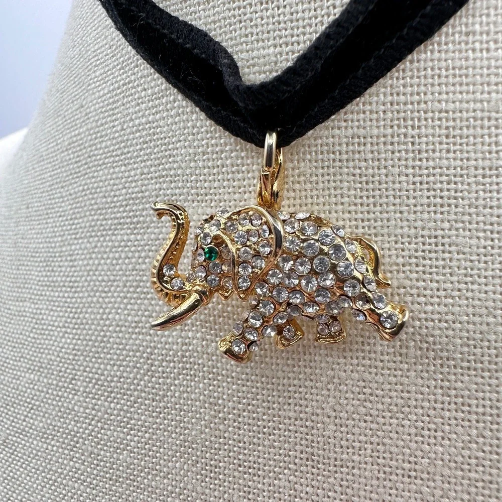 Vintage 90s Gold Tone Elephant Choker Necklace with Clear Glass & Green Eye